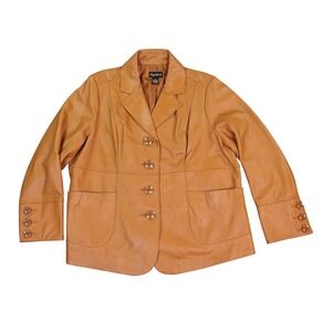 Maggie Barnes Leather Jacket Womens 1X Tan Cognac Button Front Lined 4‎ Button